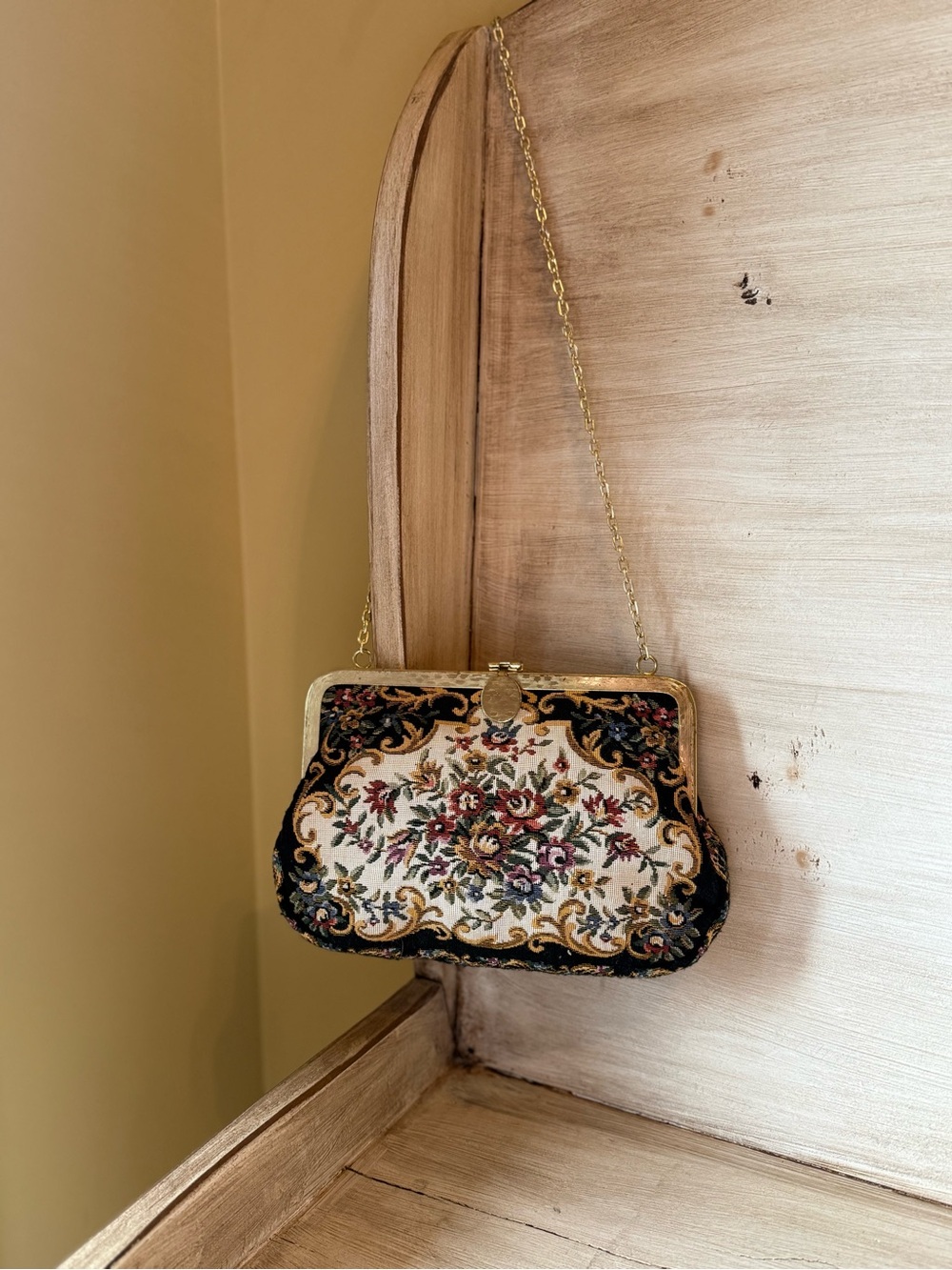 Vintage Inspired Black Floral Tapestry Needlepoint Bag